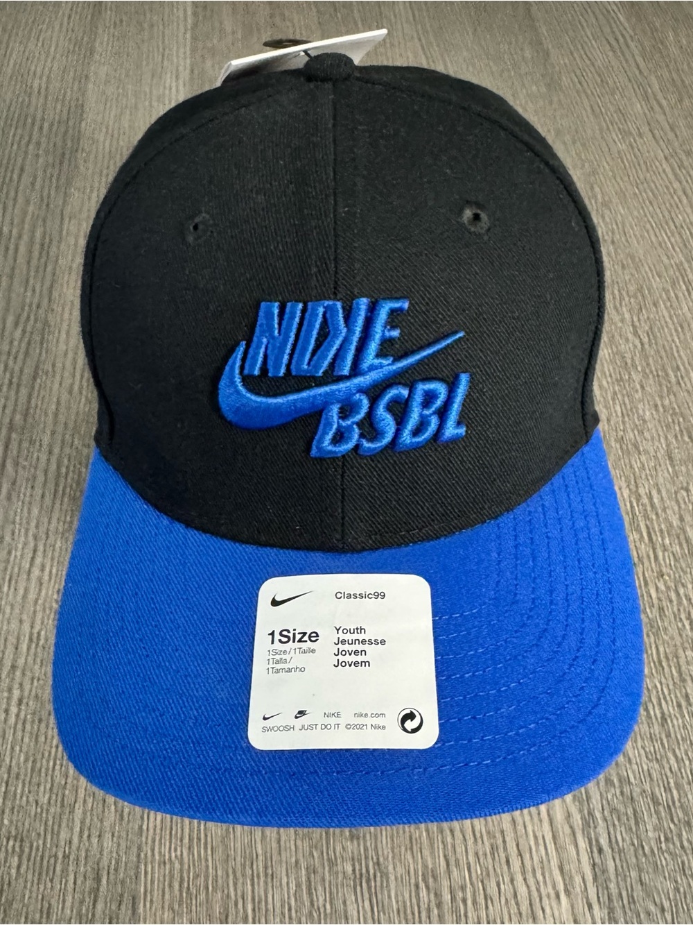 Nike Baseball Youth Hat Cap Swoosh Flex Adjustable Black/Blue Color Block NWT
